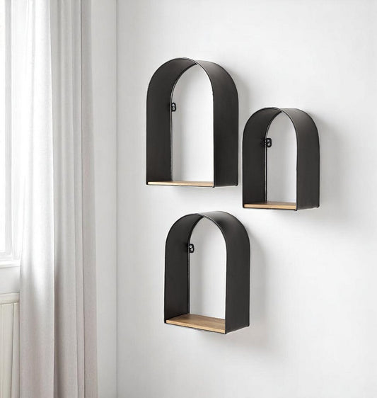 Set Of Three Black And Brown Metal And Solid Wood Arched Wall Mounted Accent Shelf