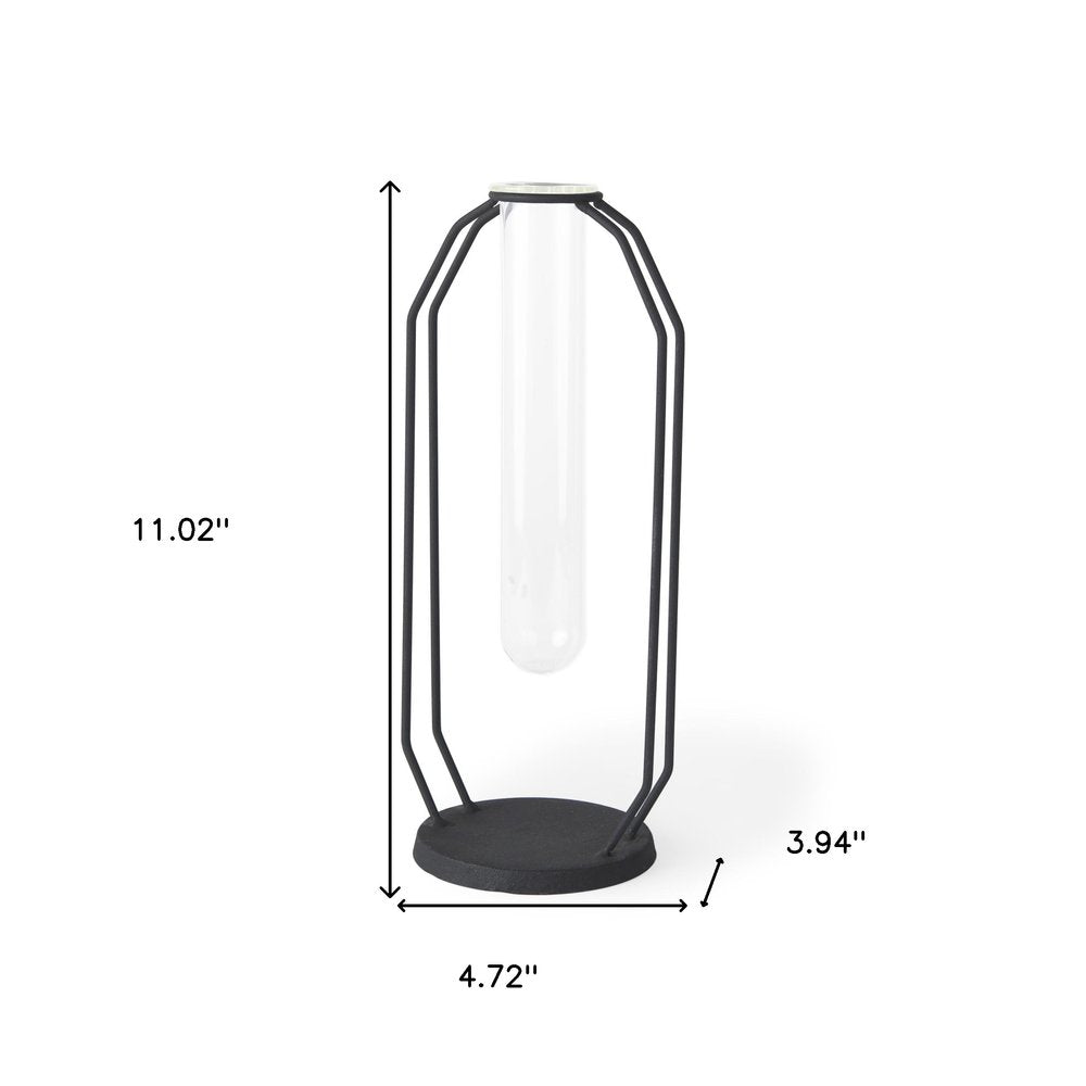 11" Black And Clear Glass And Metal Table Vase