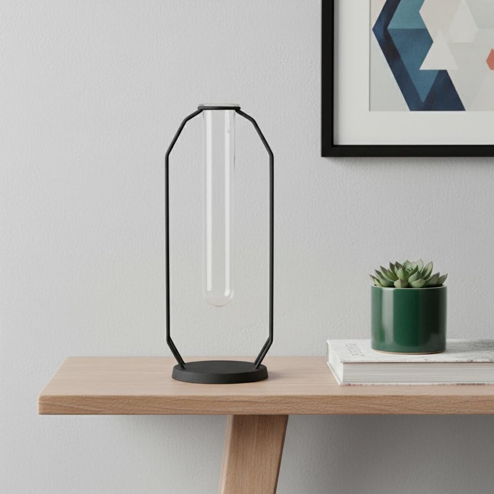 11" Black And Clear Glass And Metal Table Vase