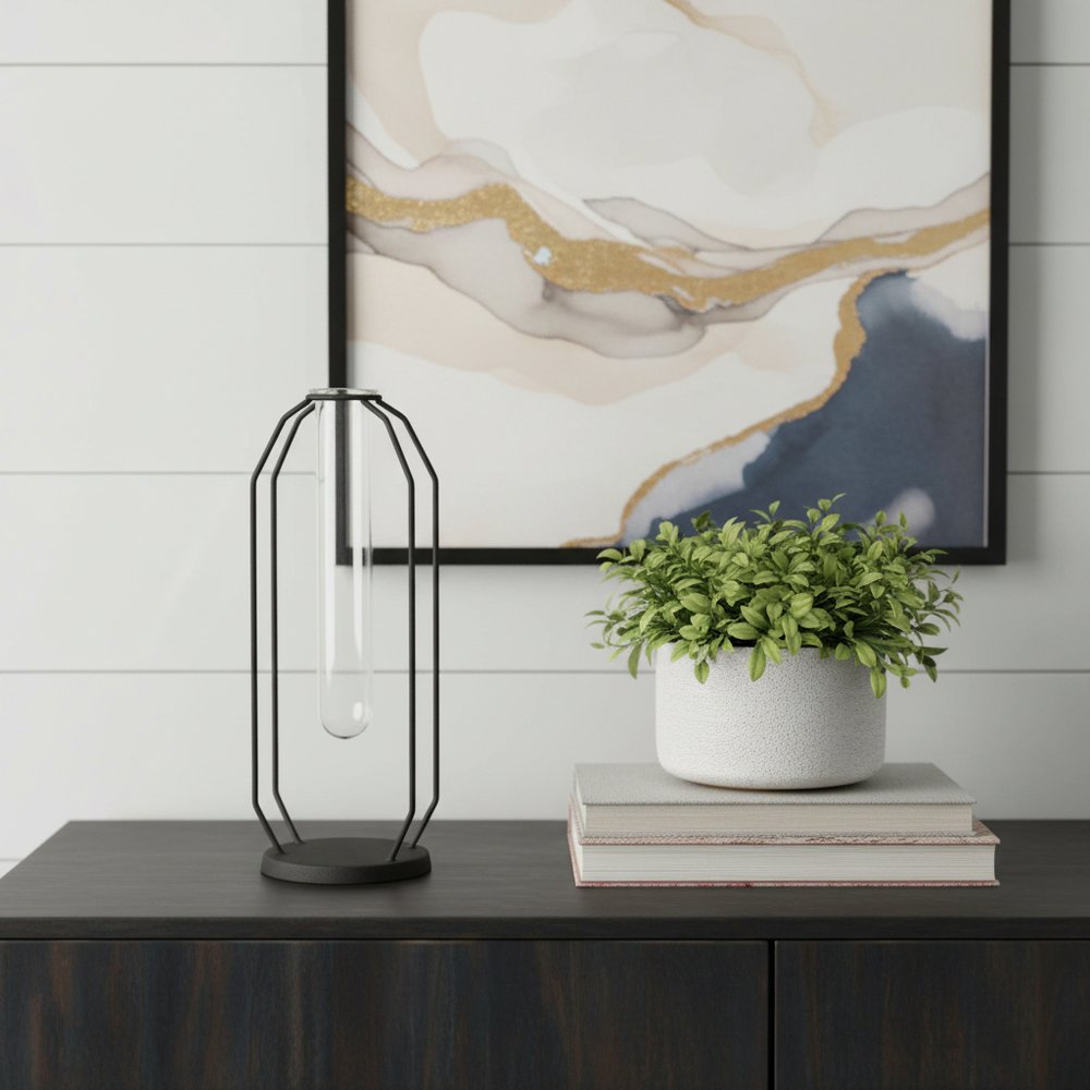 11" Black And Clear Glass And Metal Table Vase