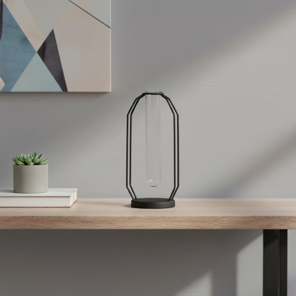 10" Black And Clear Glass And Metal Table Vase