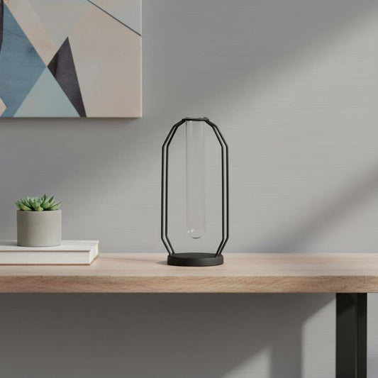 10" Black And Clear Glass And Metal Table Vase