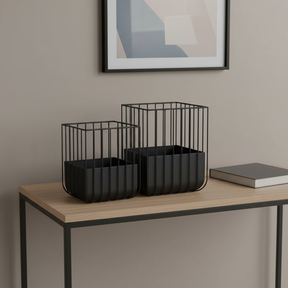 Set of Two Black Metal Wire Cage Square Pot Planters