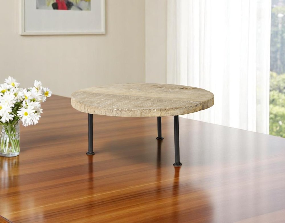 15" Light Brown And Black Round Solid Wood Handmade Riser Tray