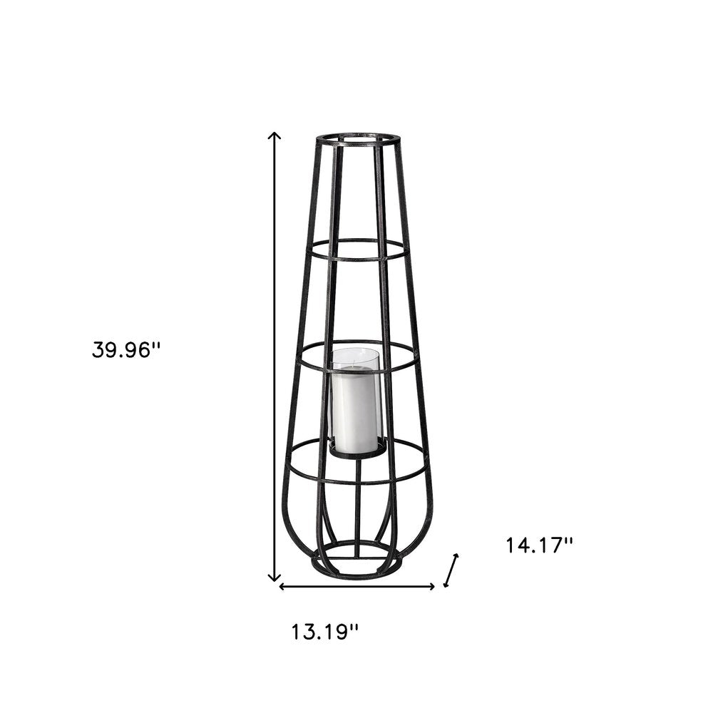 40" Black Distressed Geometric Metal Lantern Candle Holder