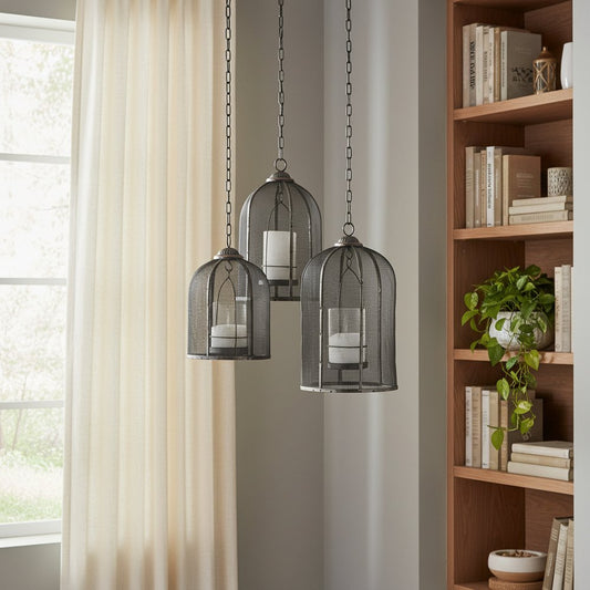 Set of Three Black Distressed Geometric Metal Lantern Candle Holders