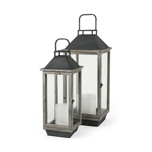 Set of Two Black Distressed Geometric Metal And Solid Wood Tabletop Lantern Candle Holders