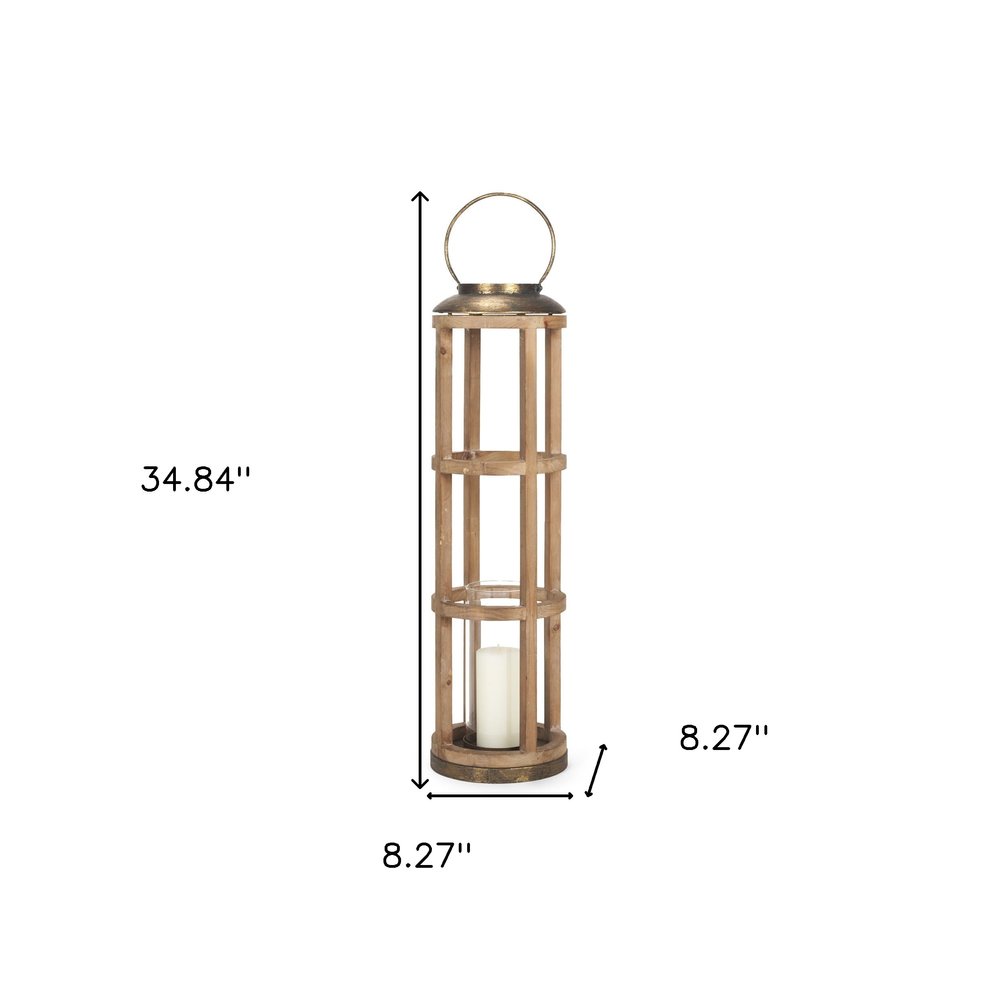 35" Natural And Brass Distressed Geometric Solid Wood And Metal Tabletop Lantern Candle Holder