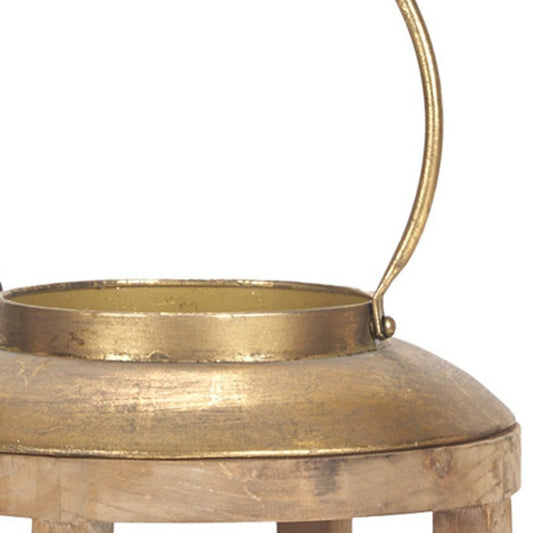 26" Natural And Bronze Distressed Geometric Solid Wood And Metal Tabletop Lantern Candle Holder
