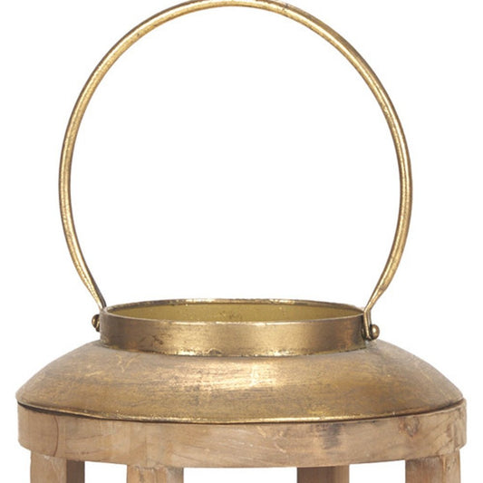 26" Natural And Bronze Distressed Geometric Solid Wood And Metal Tabletop Lantern Candle Holder