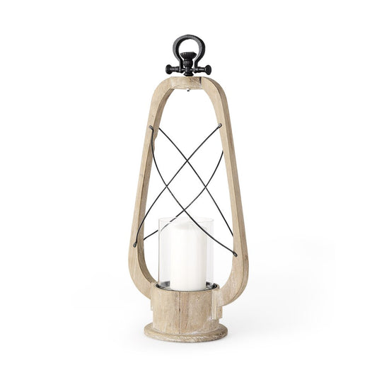 25" Brown Distressed Abstract Solid Wood And Metal Tabletop Lantern Candle Holder