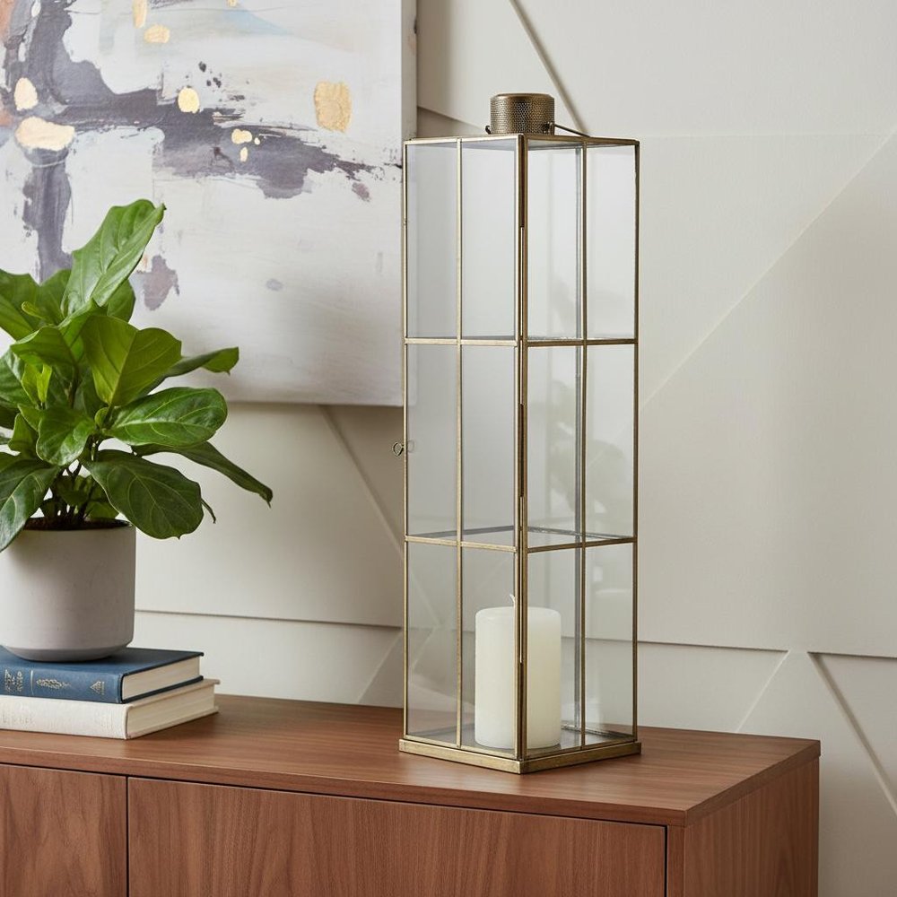 31" Gold Distressed Geometric Metal Tabletop Lantern Candle Holder