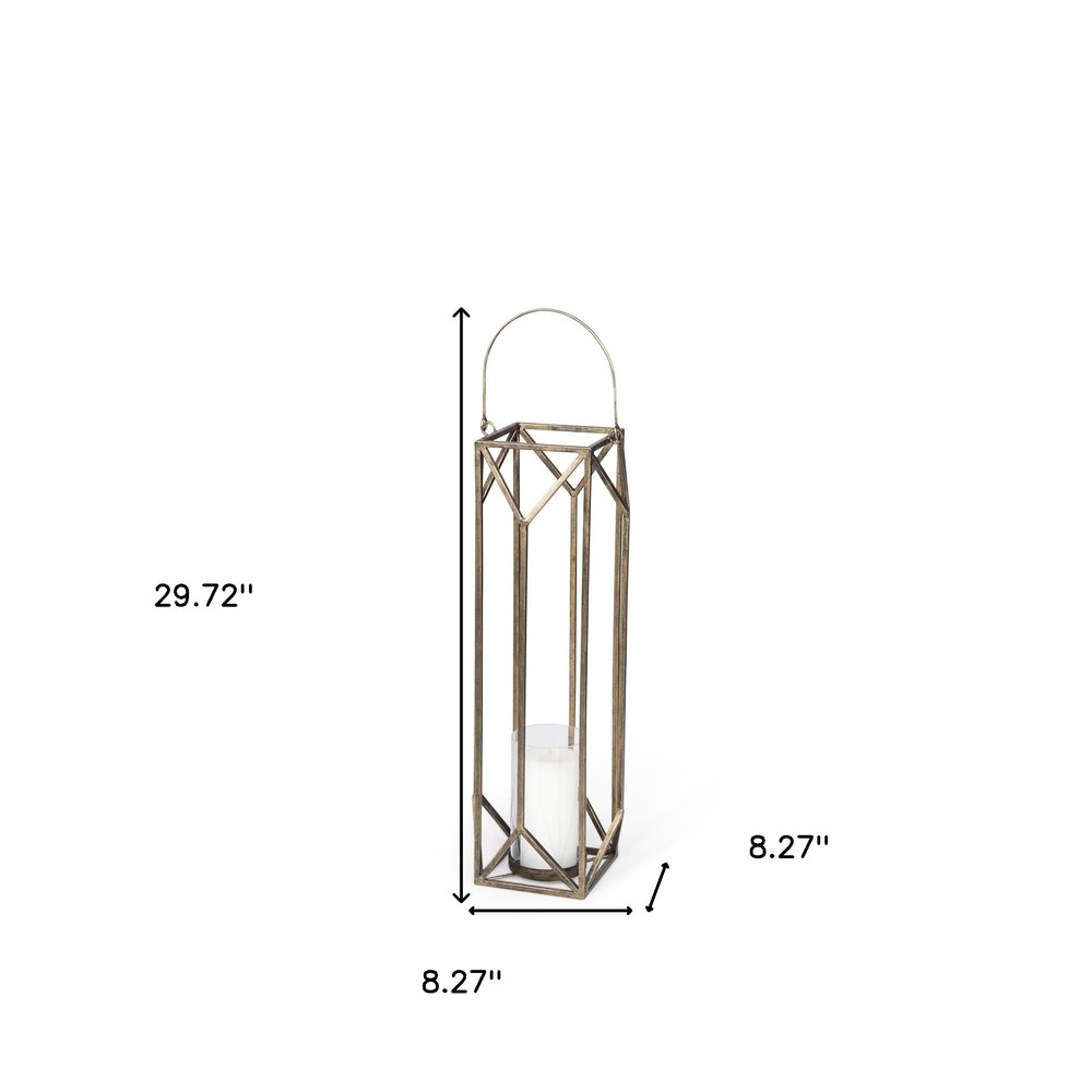 30" Gold Distressed Geometric Metal Tabletop Lantern Candle Holder