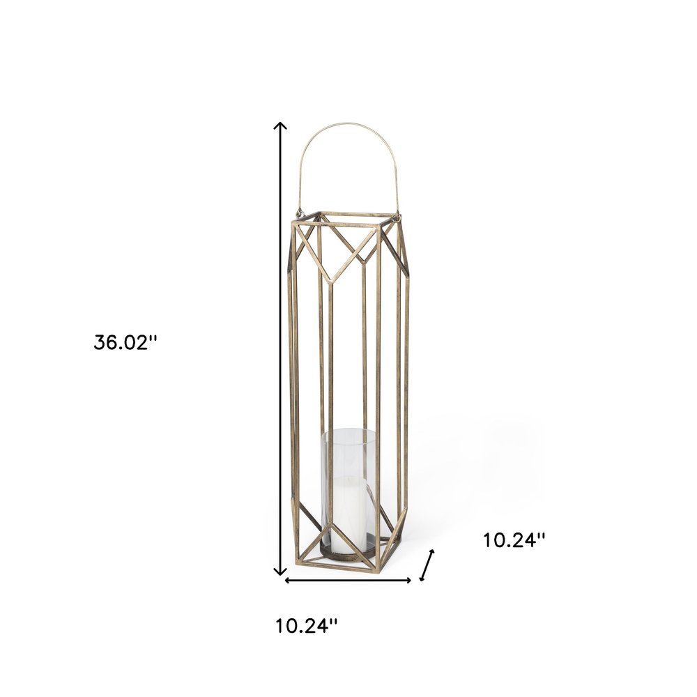 36" Gold Distressed Geometric Metal Tabletop Lantern Candle Holder