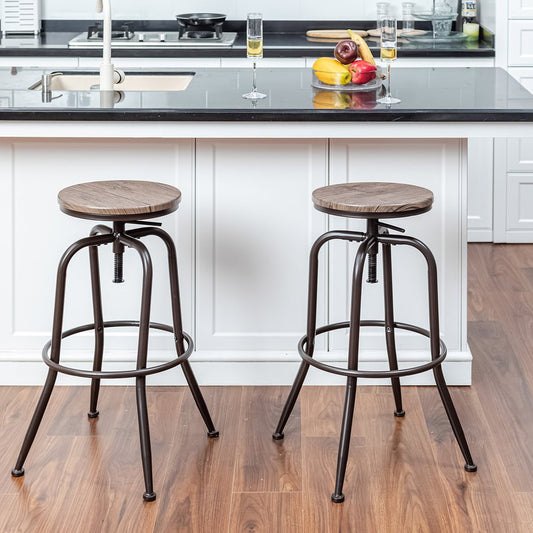 Set of Two Walnut And Black Wood And Iron Backless Adjustable Height Swivel Bar Chairs