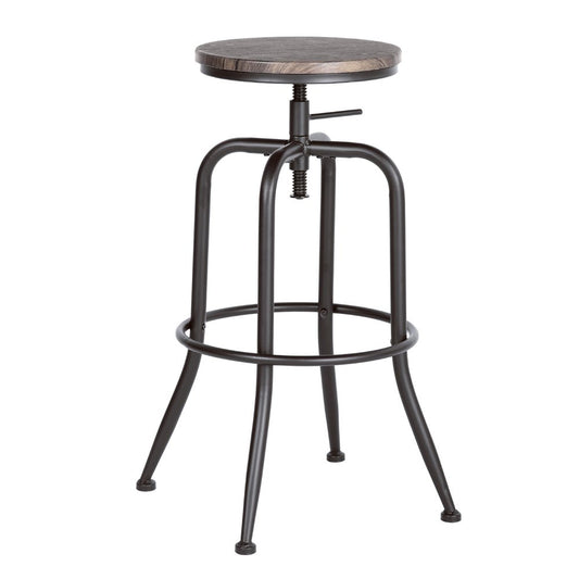 Set of Two Walnut And Black Wood And Iron Backless Adjustable Height Swivel Bar Chairs