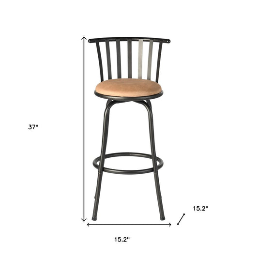 Khaki and Black Suede Faux Leather and Metal Low Back Adjustable Height Swivel Bar Chair