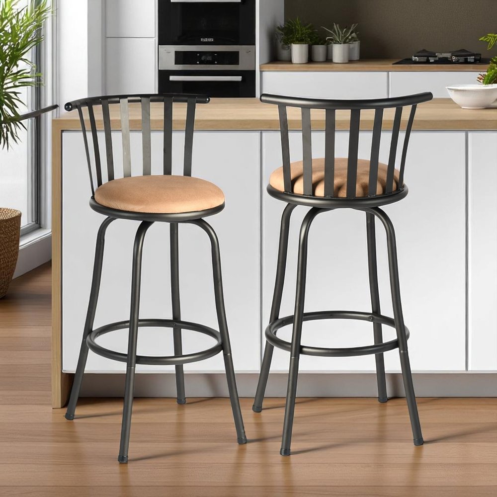 Set of Two Khaki and Black Suede Faux Leather and Iron Low Back Adjustable Height Swivel Bar Chairs
