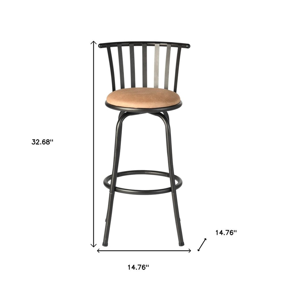 Set of Three Khaki and Black Suede Faux Leather and Iron Low Back Adjustable Height Swivel Bar Chairs