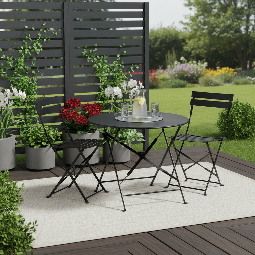 Three Piece Black Round Metal Dining Set with Two Chairs