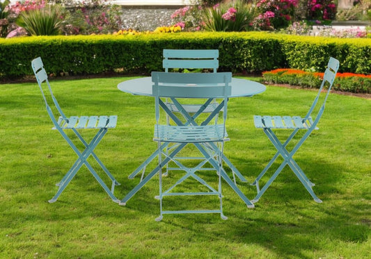 Five Piece Teal Blue Round Metal Dining Set with Four Chairs
