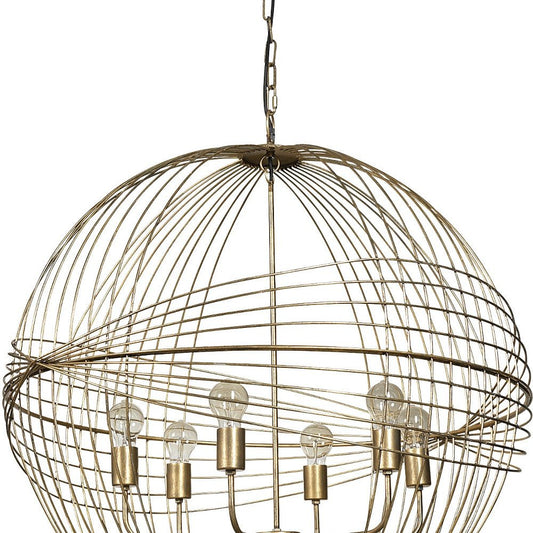 Gold Caged Six Light Metal and Glass Dimmable Chandelier With Gold Shades
