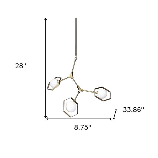Champagne Unique Statement Three Light Metal and Glass Dimmable Chandelier With White Shades