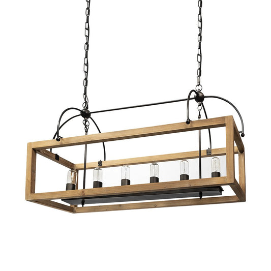 Natural And Black Candle Style Six Light Wood and Metal Dimmable Chandelier