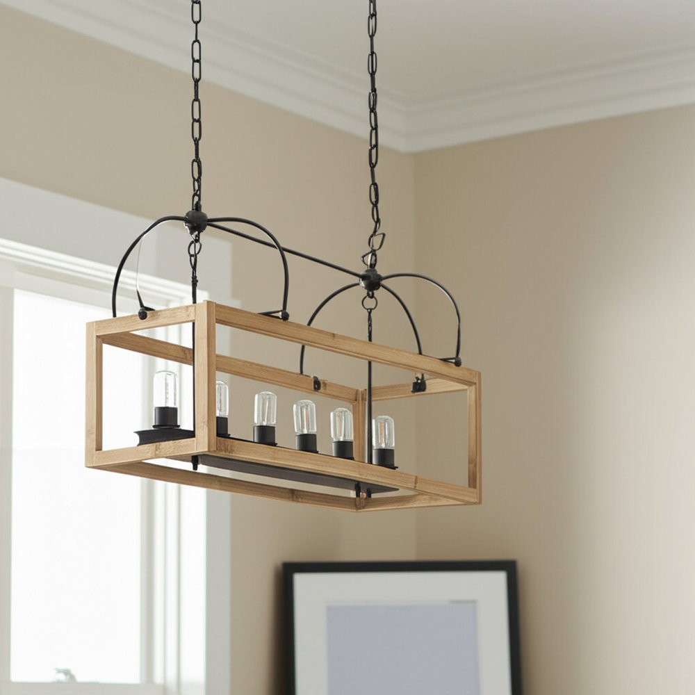 Natural And Black Candle Style Six Light Wood and Metal Dimmable Chandelier