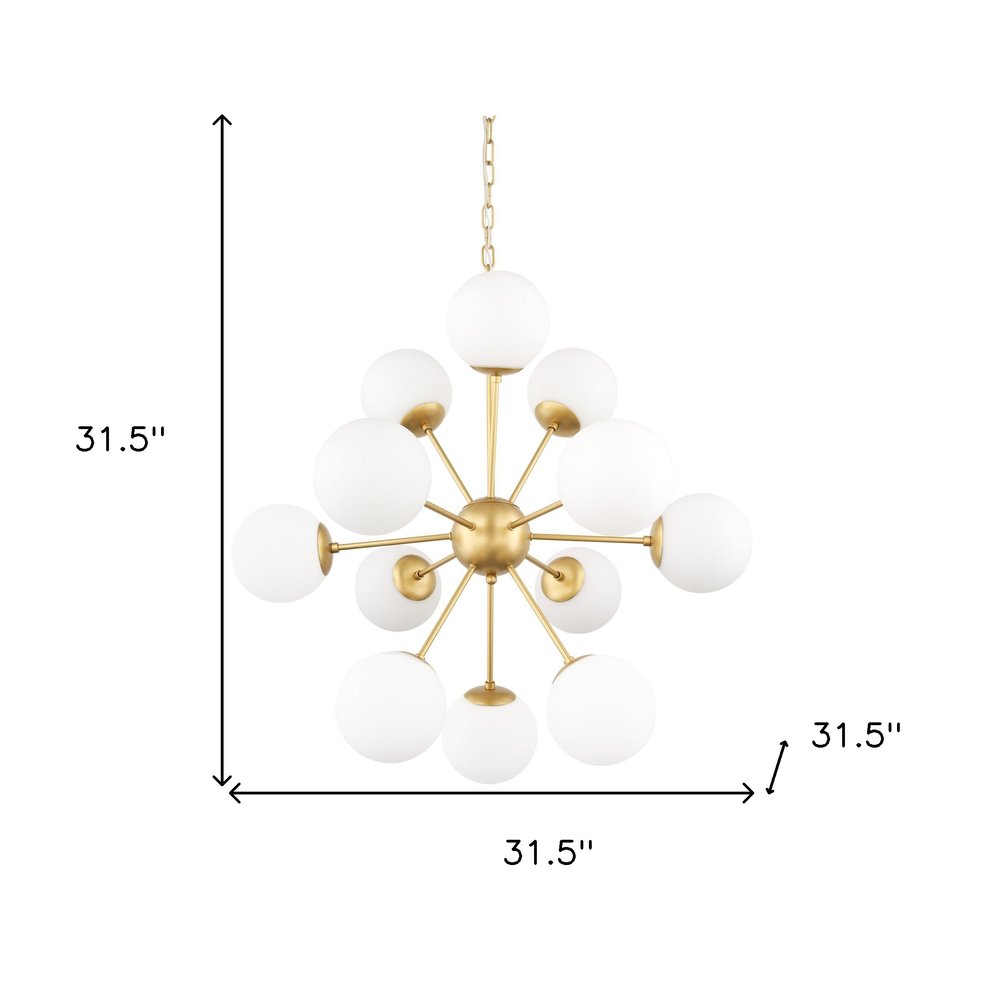 Gold Sputnik Eleven Light Frosted Metal and Glass Dimmable Chandelier With White Shades