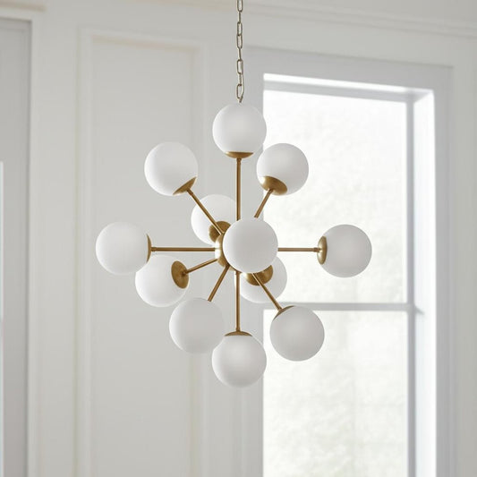 Gold Sputnik Eleven Light Frosted Metal and Glass Dimmable Chandelier With White Shades