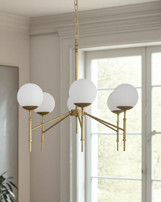 Gold Sputnik Six Light Frosted Metal and Glass Dimmable Chandelier With White Shades