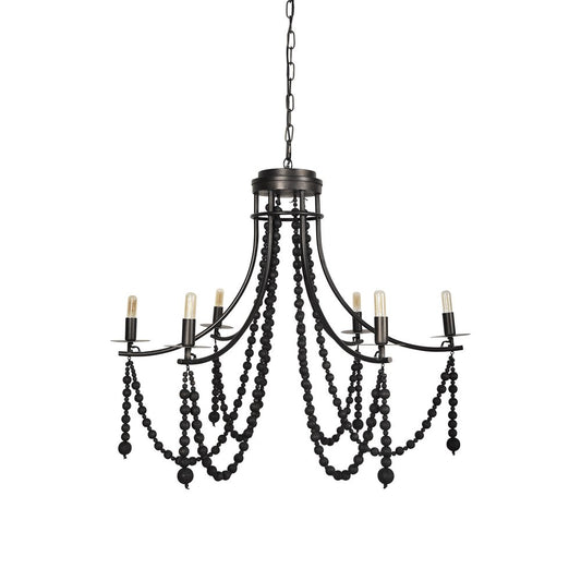 Black Candle Style Six Light Metal and Beads Dimmable Chandelier