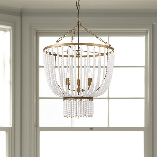 Gold And White Empire Three Light Metal and Beads Dimmable Chandelier