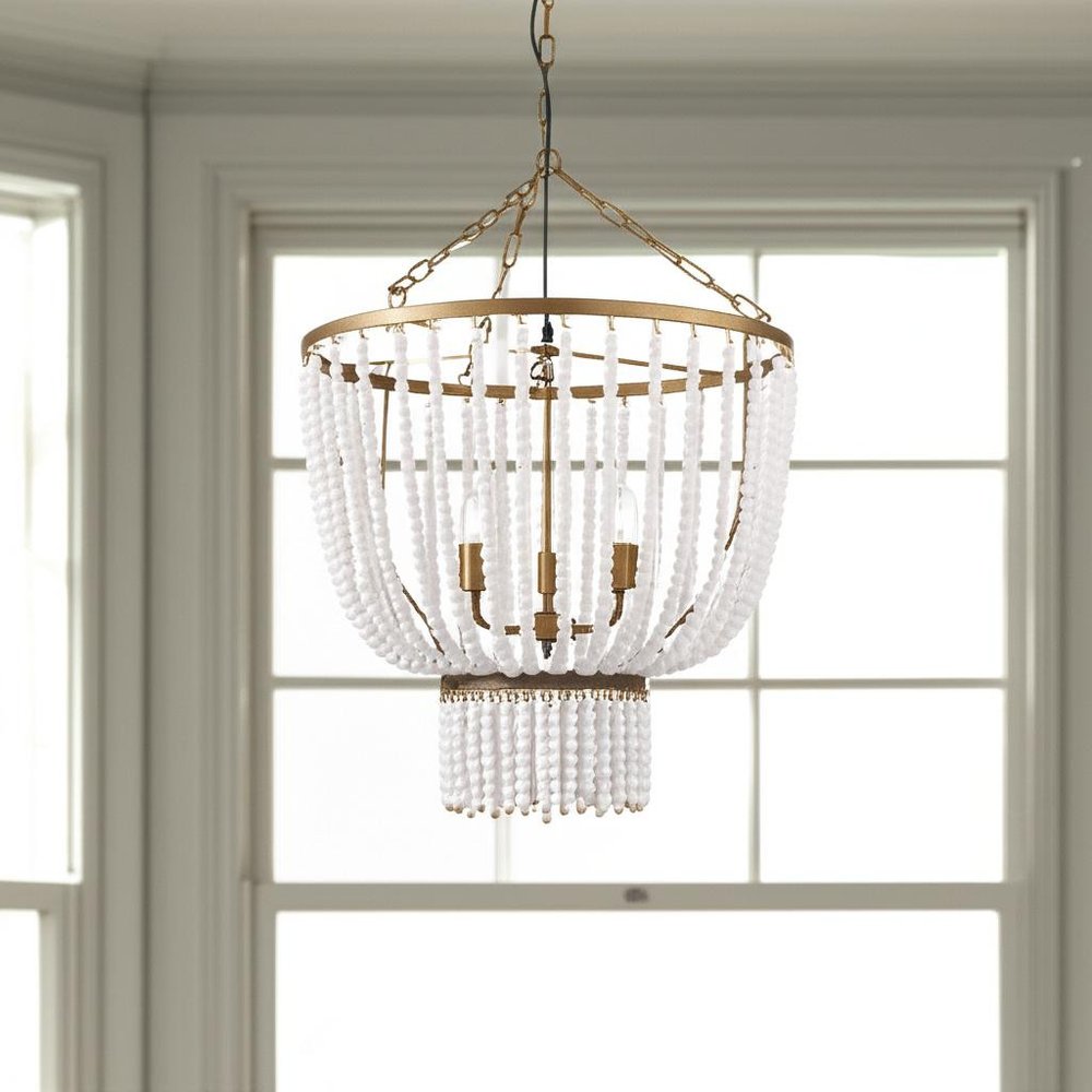 Gold And White Empire Three Light Metal and Beads Dimmable Chandelier