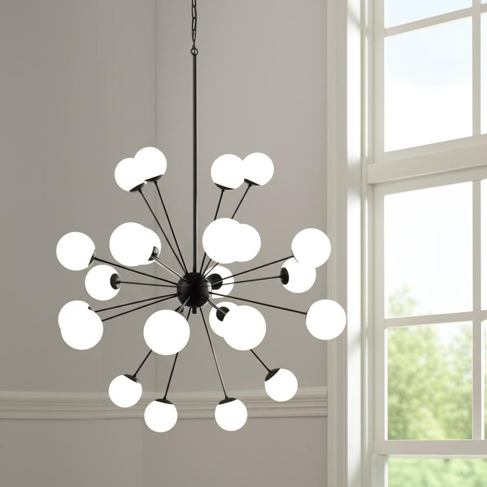 Black Eleven Light Frosted Metal and Glass Dimmable Chandelier With White Shades