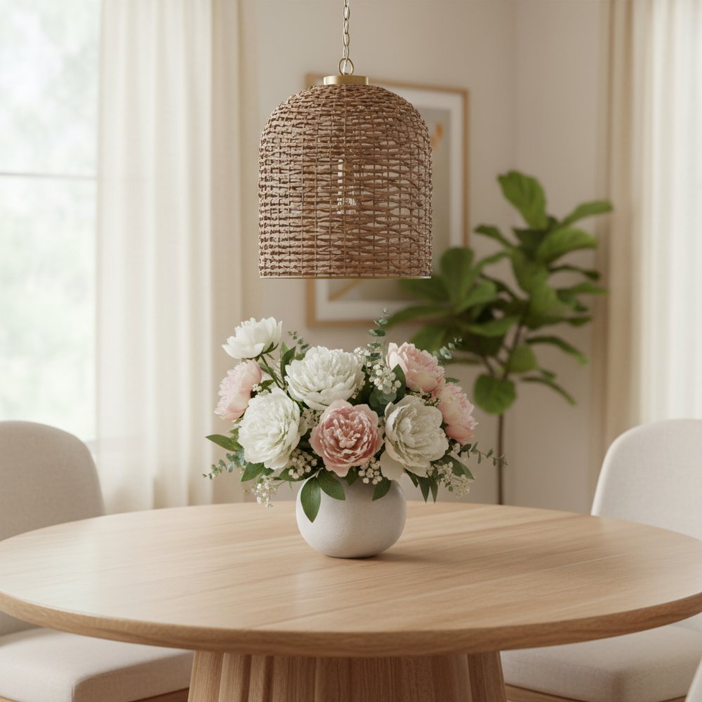 Brown Single Rattan Dimmable Ceiling Light With Brown Shades