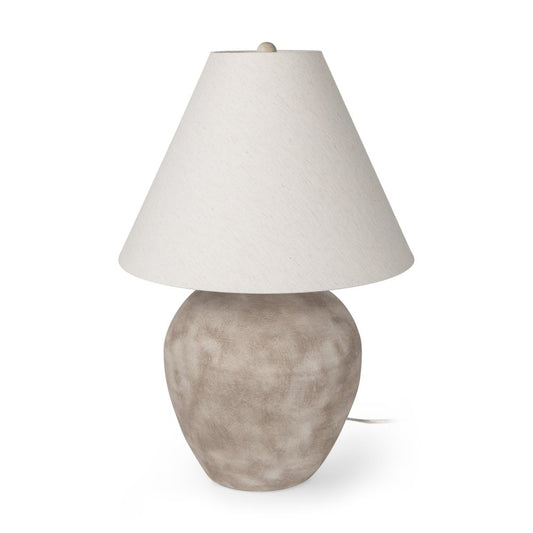 28" Beige Ceramic Round Bedside Lamp With Cream Drum Shade