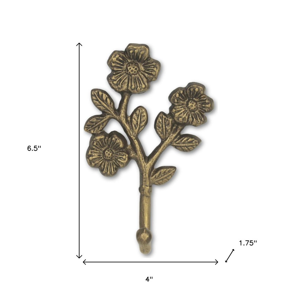 4" Antiqued Gold Cast Iron Flower Wall Hook