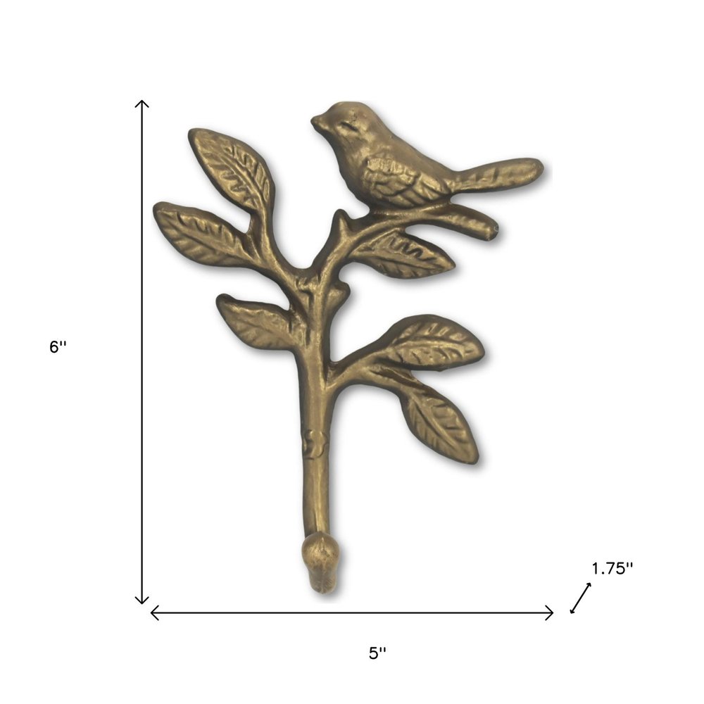 5" Antiqued Gold Cast Iron Bird Wall Hook