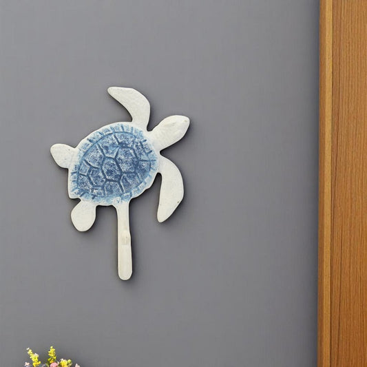 4" Blue And White Cast Iron Turtle Wall Hook