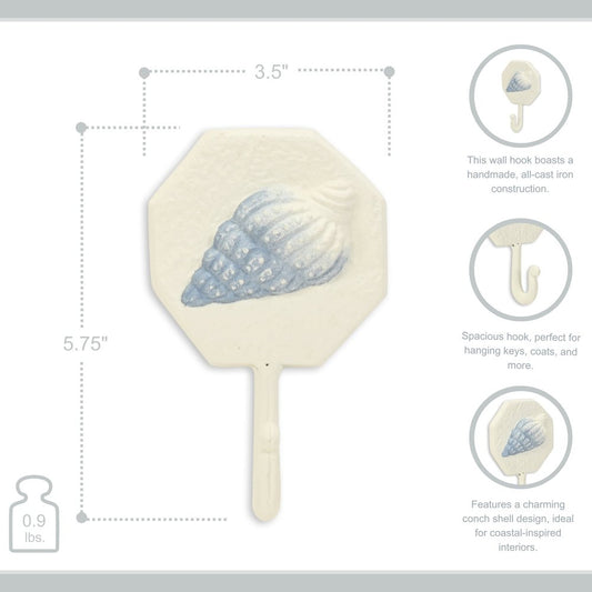 4" Blue And Cream Cast Iron Conch Shell Wall Hook