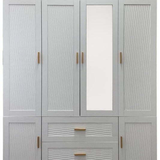 75" White Ribbed Texture Wood Mirrored Six Door Two Drawer Combo Dresser