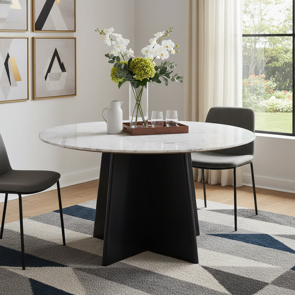 51" White and Black Marble and Wood Pedestal Base Round Top Dining Table