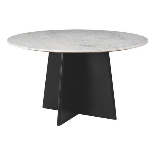 51" White and Black Marble and Wood Pedestal Base Round Top Dining Table