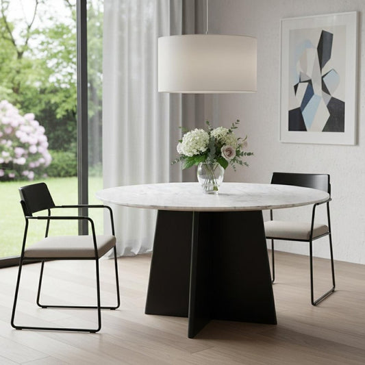 51" White Marble and Wood Pedestal Base Round Top Dining Table