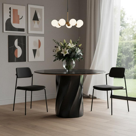 48" Black Marble and Wood Pedestal Base Round Top Dining Table