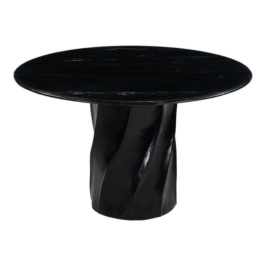 48" Black Marble and Wood Pedestal Base Round Top Dining Table