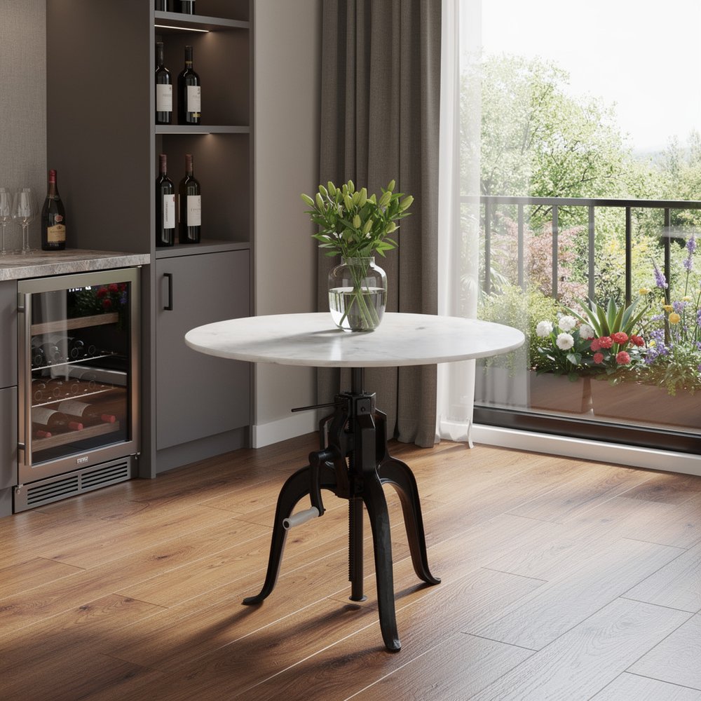 34" White and Black Marble and Iron Adjustable Height Round Bar Table