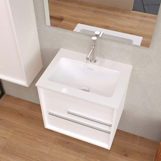 24" Off White Wood Floating Bathroom Vanity With White Sink And Two Drawers